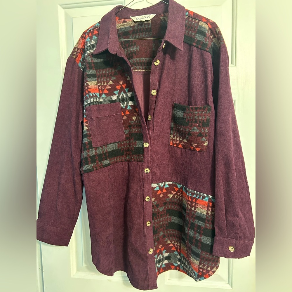 Burgundy Aztec Patterned lightweight shacket or top.